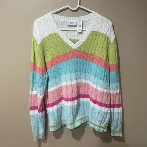 Vibrant V-Neck Sweater with Multicolor Stripes